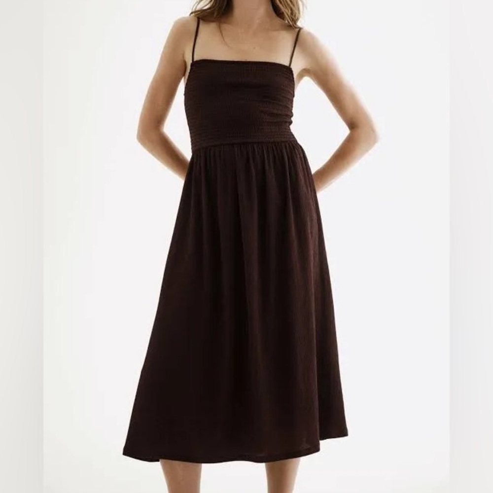 H&M Brown Smocked Bodice Midi Sun dress